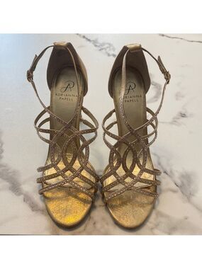 Adrianna Papell Elixir High Heel Strappy Sandal in Gold Platinum with Rhinestone